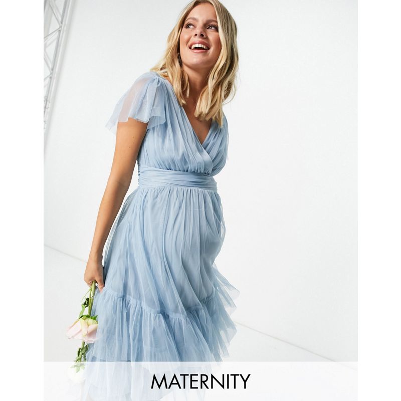 Vestiti Donna Anaya With Love Maternity - Vestito midi da damigella in tulle blu tenue con volant su maniche e fondo