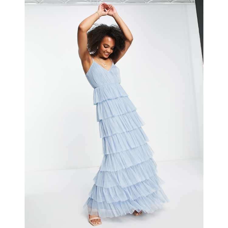 Lilou Sweetheart Neckline Tiered Maxi Dress in Sky Blue