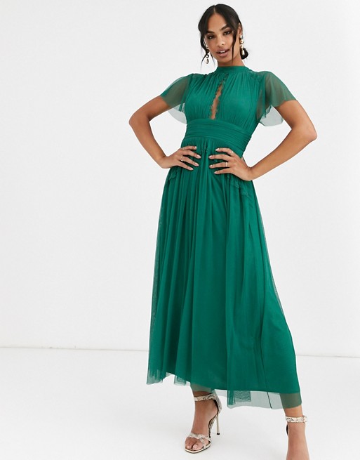 Anaya With Love midi dress in tulle with lace insert in emerald green