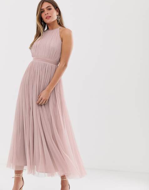 Anaya – With Love – Neckholder-Kleid aus Tüll in Wadenlänge mit Satindetail in Sanftrosa