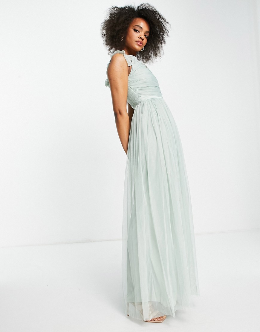 Anaya With Love off the shoulder ruffle sleeve maxi dress in misty green tulle-White