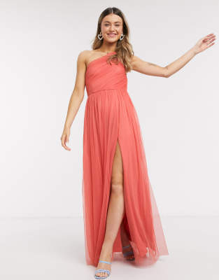 one shoulder ruched maxi dress