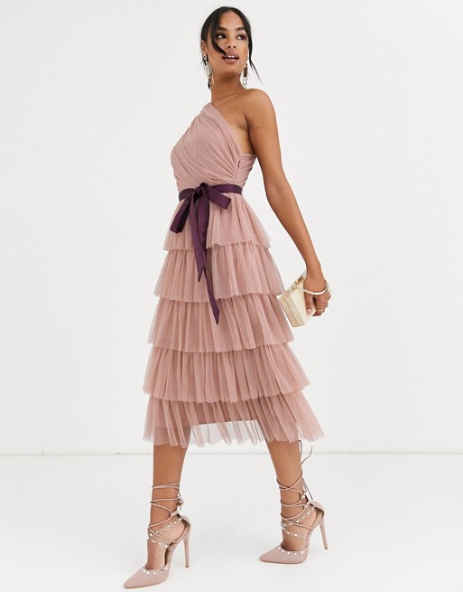Anaya With Love one shoulder tiered midi dress in taupe