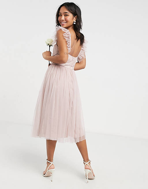 Anaya With Love Petite Bridesmaid tulle frill sleeve midi dress in pink