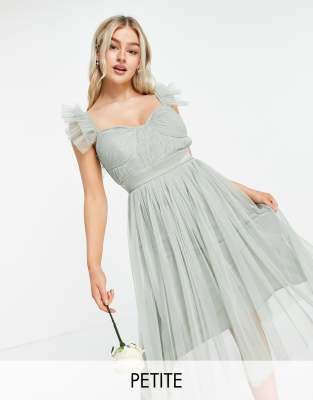 Anaya With Love Petite Bridesmaid tulle frill sleeve midi dress in sage-Green