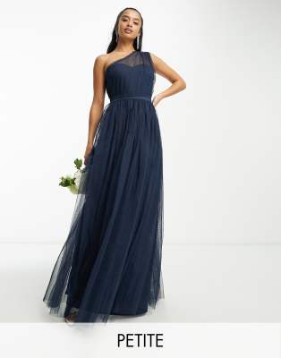 Anaya Petite Anaya With Love Petite Bridesmaid Tulle One Shoulder Maxi Dress In Navy In Navy