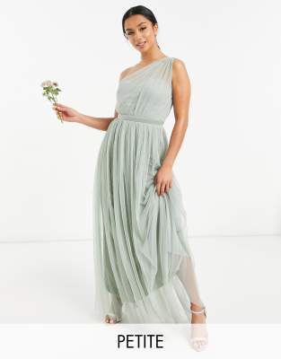 Anaya With Love Petite Bridesmaid tulle one shoulder maxi dress in sage-Green