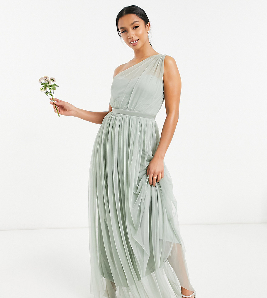 Anaya With Love Petite Bridesmaid tulle one shoulder maxi dress in sage-Green