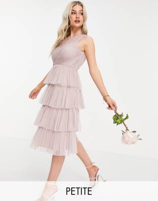 Anaya With Love petite bridesmaid tulle one shoulder ruffle tiered dress in pink