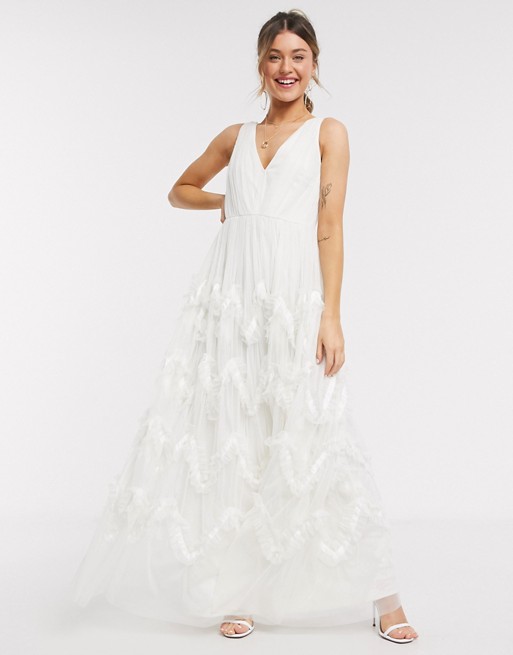 Anaya With Love plunge front prom maxi dress with feather effect skirt in white