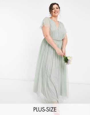 Anaya With Love Plus Bridesmaid tulle cap sleeve maxi dress in sage-Green