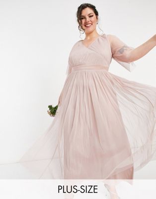 Anaya With Love Plus Bridesmaid tulle flutter sleeve maxi dress in pink - ASOS Price Checker