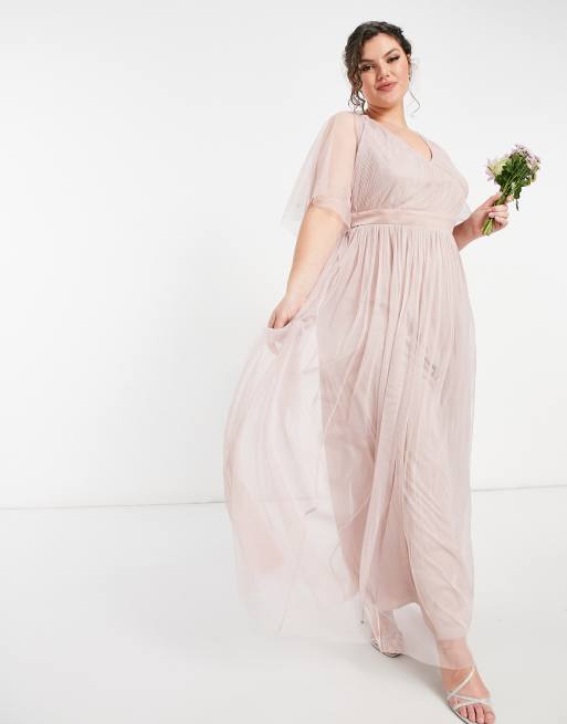Anaya With Love Plus Bridesmaid tulle flutter sleeve maxi dress in pink, 4 of 4