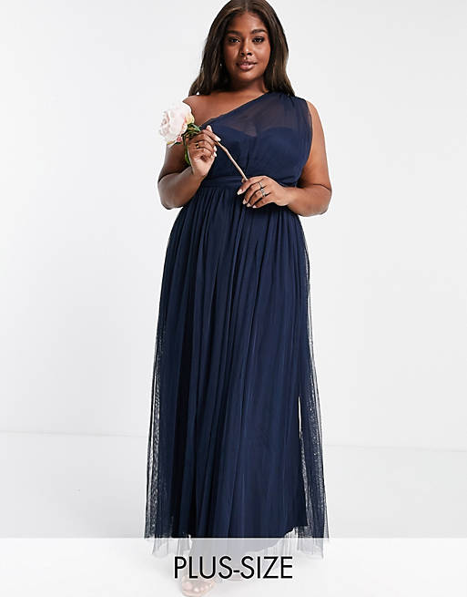 Anaya With Love Plus Bridesmaid tulle one-shoulder maxi dress in navy