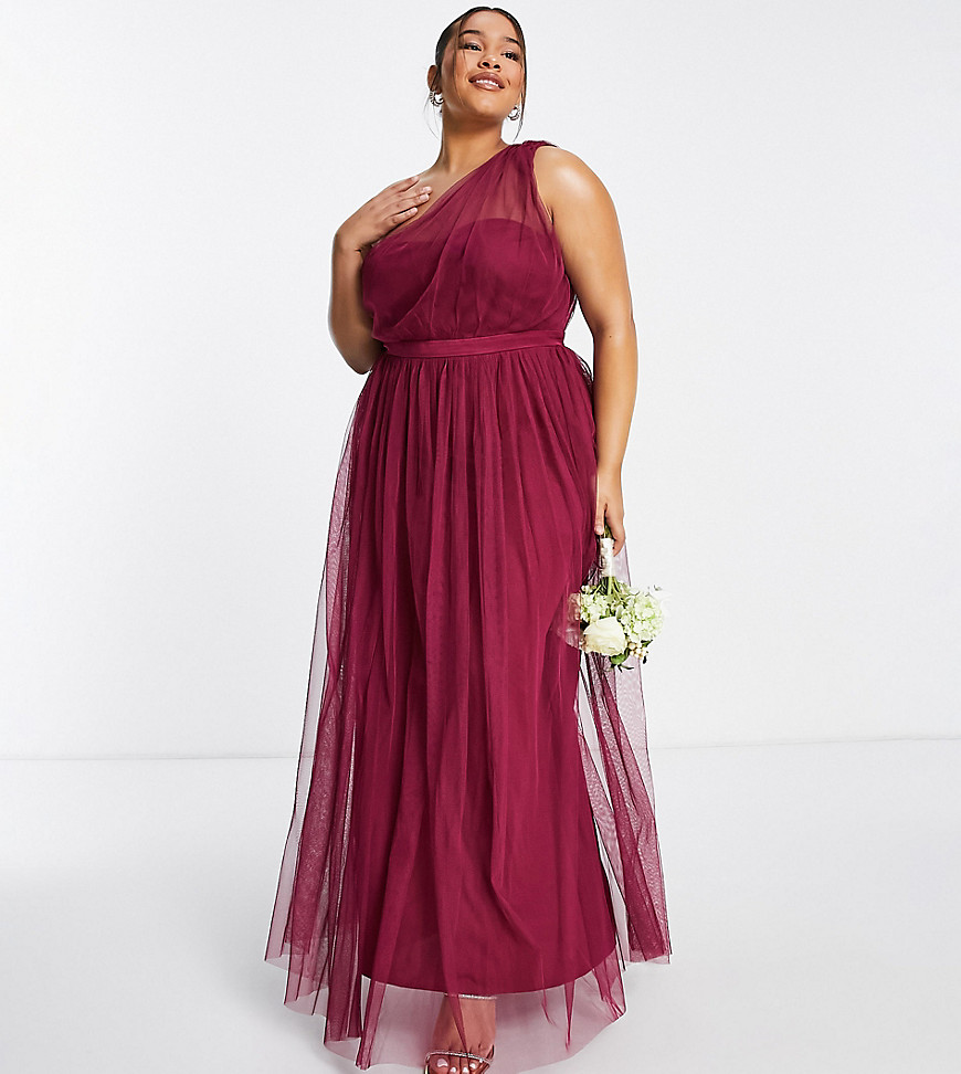 Anaya With Love Plus Bridesmaid tulle one shoulder maxi dress in red plum