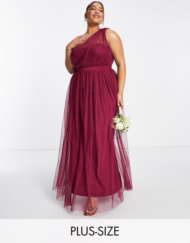 Anaya With Love Plus Bridesmaid tulle one shoulder maxi dress in red plum