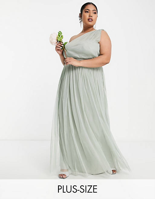 Anaya With Love Plus Bridesmaid tulle one shoulder maxi dress in sage green