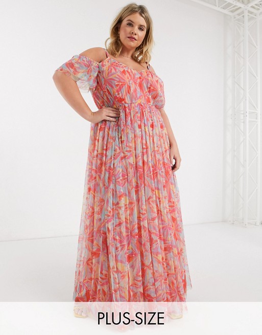 Anaya With Love Plus cold shoulder all over floral printed pleat maxi dress in multi print