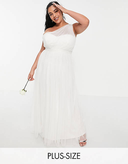 Anaya With Love Plus - Lange jurk van tule met blote schouder in wit