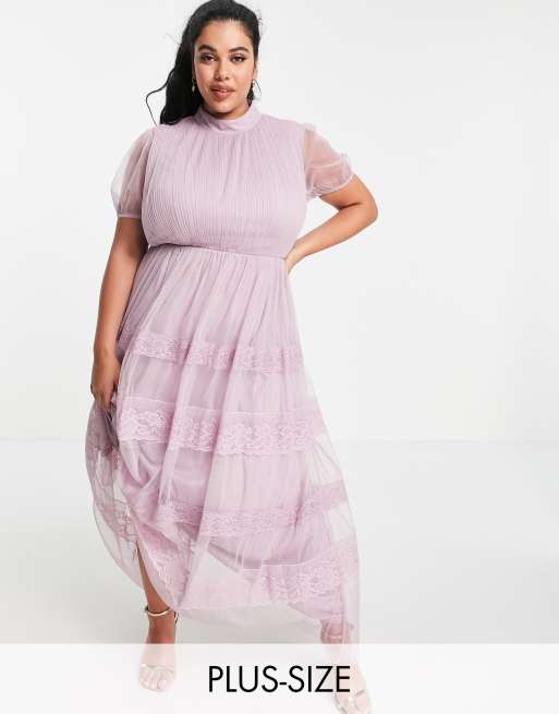 Anaya with Love Plus - Robe longue à col montant et jupe étagée en satin et dentelle - Lilas