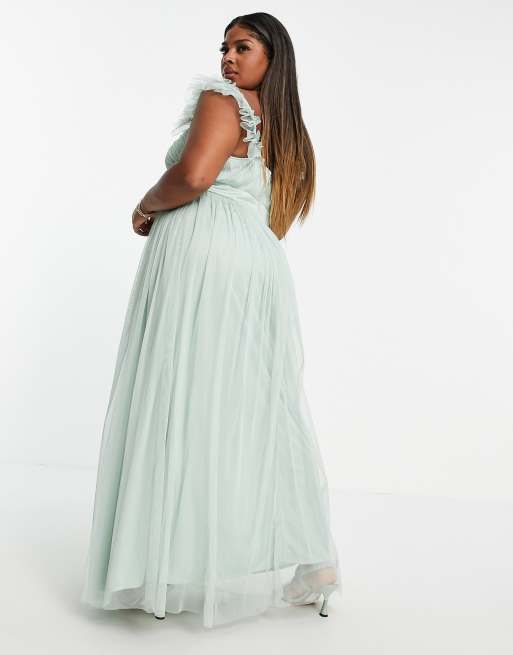 Anaya with Love Plus - Robe longue à manches volantées en tulle vaporeux - Jade, 3 de 4