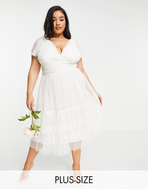 Anaya With Love Plus tulle flutter sleeve ruffle hem midi dress in