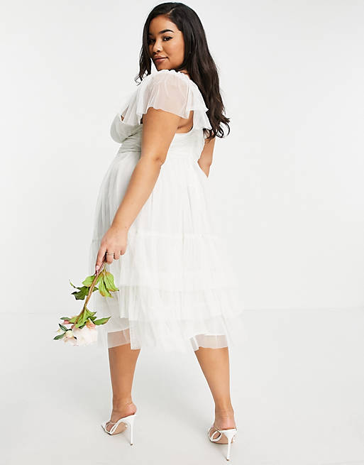  Anaya With Love Plus tulle flutter sleeve ruffle hem midi dress in white 