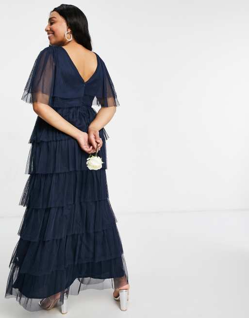 Anaya With Love Plus - Vestito lungo da damigella blu navy a balze con volant, 2 di 4