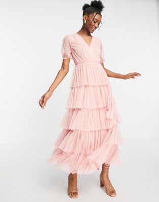 Anaya With Love puff sleeve midaxi dress with tiered skirt in pink - ASOS Price Checker