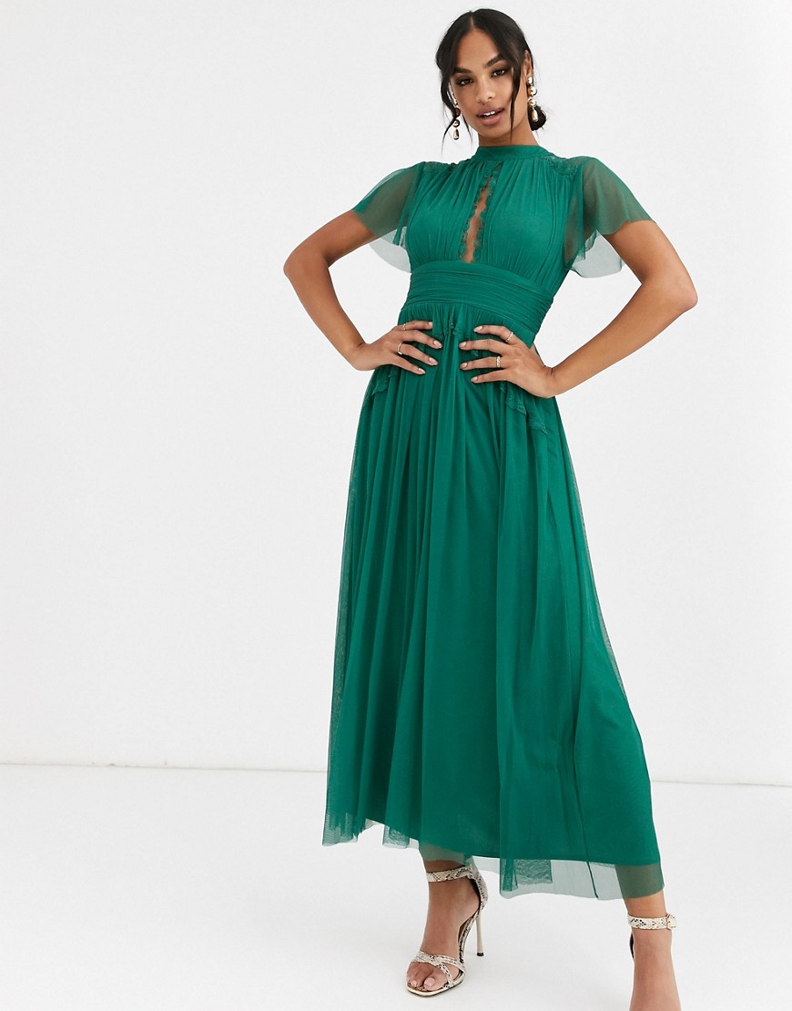 Anaya – With Love – Smaragdgrön midiklänning i tyll med spetsdetaljer