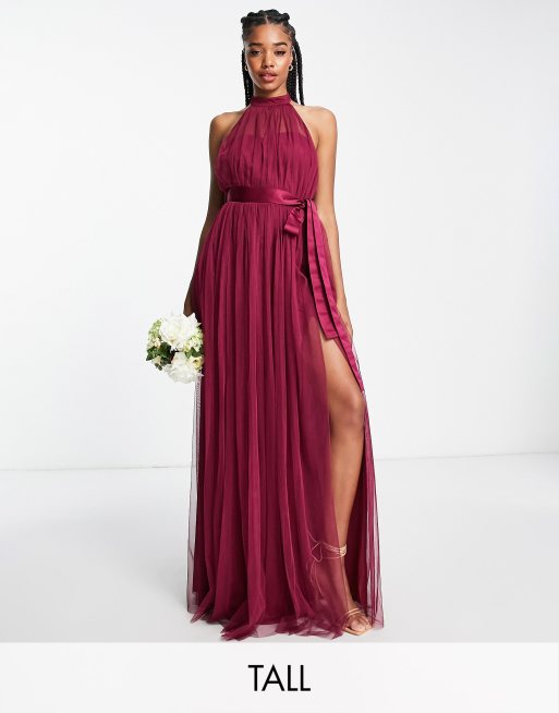 Burgundy high discount neck bridesmaid dresses