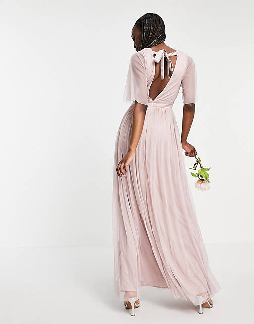  Anaya With Love Tall Bridesmaid tulle flutter sleeve maxi dress in pink 