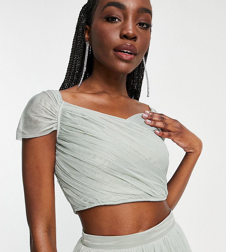 Anaya With Love Tall Bridesmaid tulle off the shoulder crop top co-ord in sage-Green
