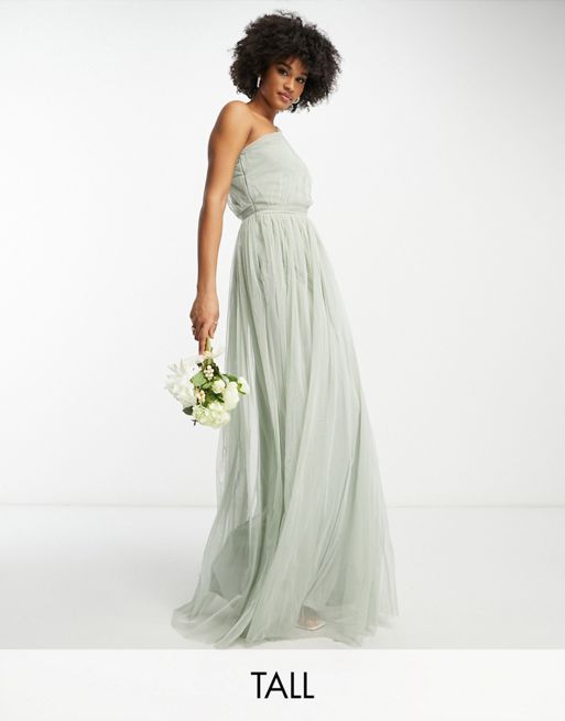 Anaya With Love Tall - Bruidsmeisjes - Lange jurk van tule met blote schouder in saliegroen