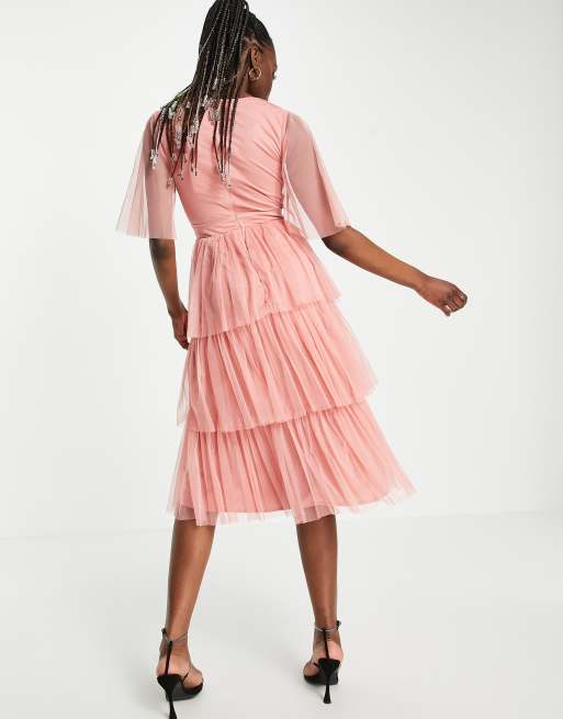 Anaya With Love Tall flutter sleeve midi dress in coral, 2 of 4