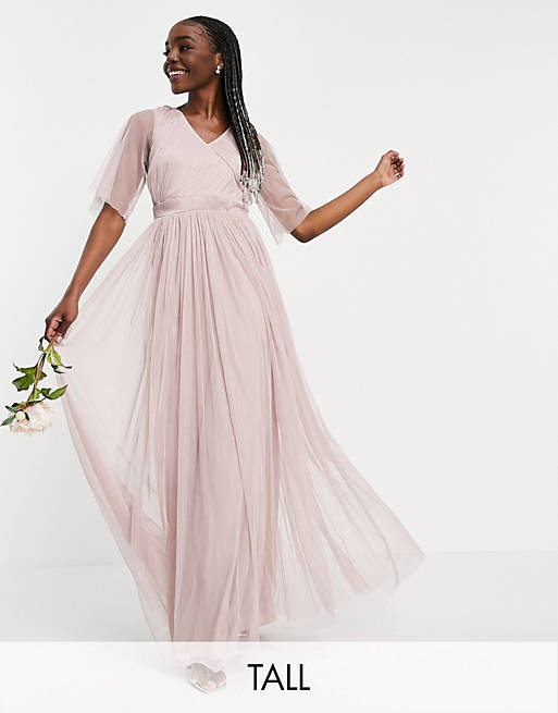 Anaya With Love Tall - Lange bruidsmeisjesjurk van tule met fladdermouwen in roze
