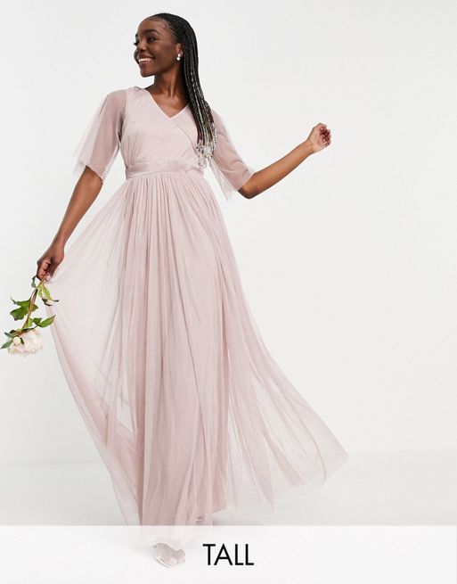 Anaya With Love Tall – Różowa tiulowa sukienka maxi ze zwiewnymi rękawami |  ASOS