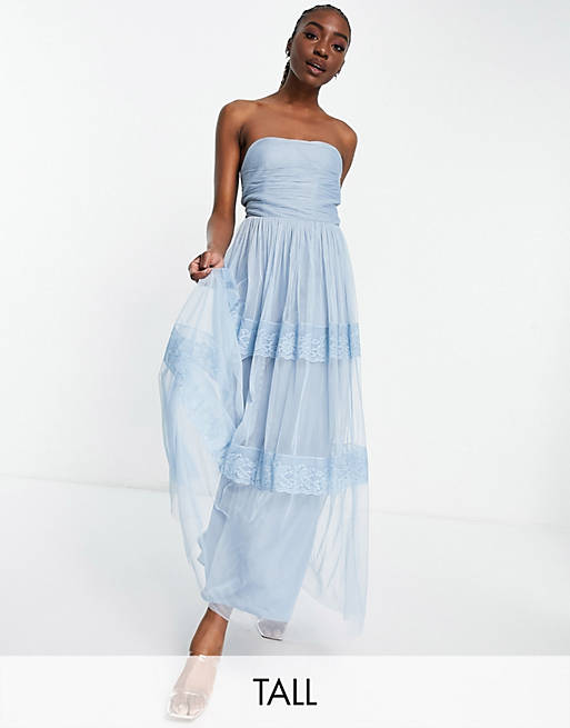 Anaya with Love Tall strapless midaxi dress with tiered skirt in pale blue embossed tulle