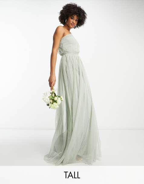 Anaya With Love Tall - Vestito lungo da damigella monospalla in tulle verde salvia - view 1