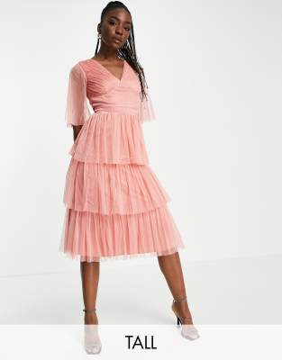 Anaya With Love Tall - Vestito midi color corallo con maniche con volant