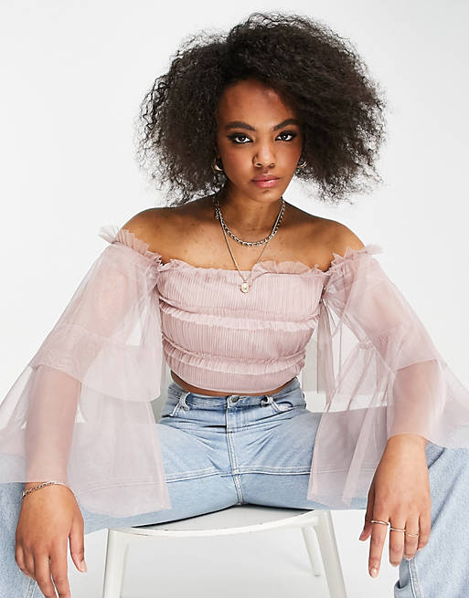 Anaya With Love tiered sleeve bardot top in blush tulle
