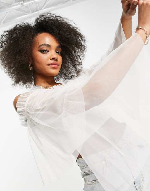 Anaya With Love - Top con scollo Bardot e maniche a balze in tulle bianco