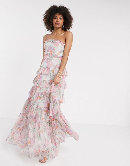 Anaya With Love tulle bandeau tiered maxi dress in pink floral print
