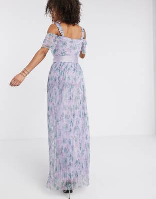 purple floral frill maxi dress