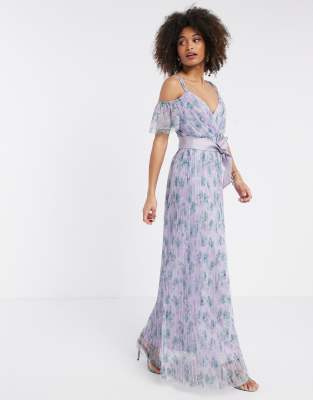 purple floral frill maxi dress