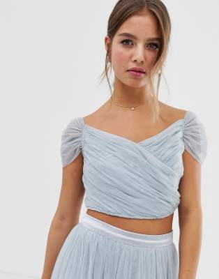 anaya with love tulle plunge neck maxi dress with ruffle sleeve and satin trim in white