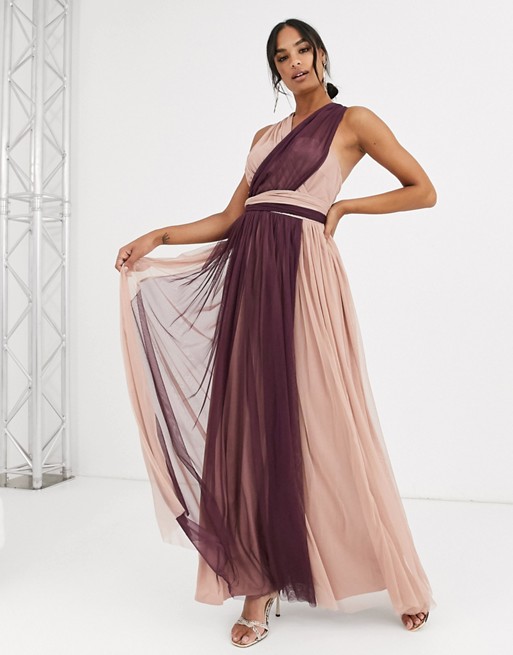 Anaya With Love tulle multiway maxi dress in contrast taupe and burgundy