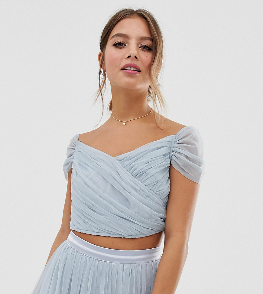 Anaya With Love tulle off shoulder crop top co-ord in blue
