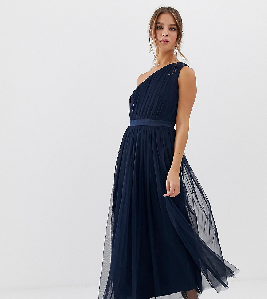 Anaya With Love tulle one shoulder midaxi dress with satin trim in navy