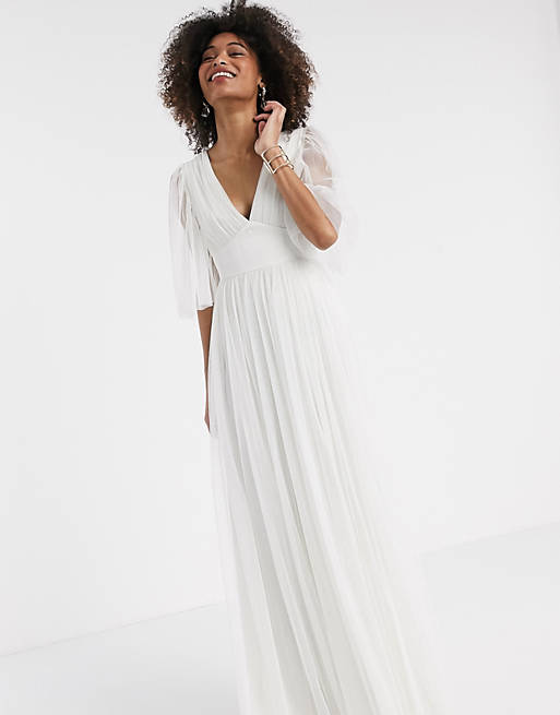 Anaya With Love tulle plunge front tulle maxi dress with cape detail in white